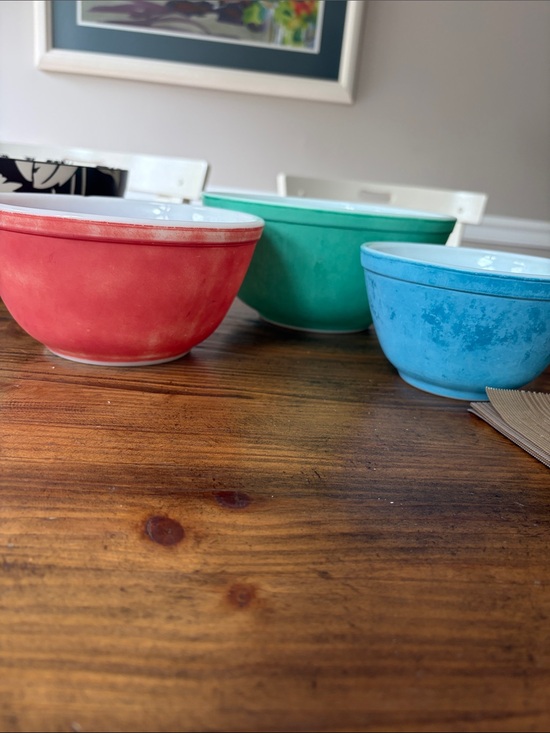 Pyrex Other - Colorful Ceramic Pyrex  Mixing Bowl Set - Red, Teal, Blue